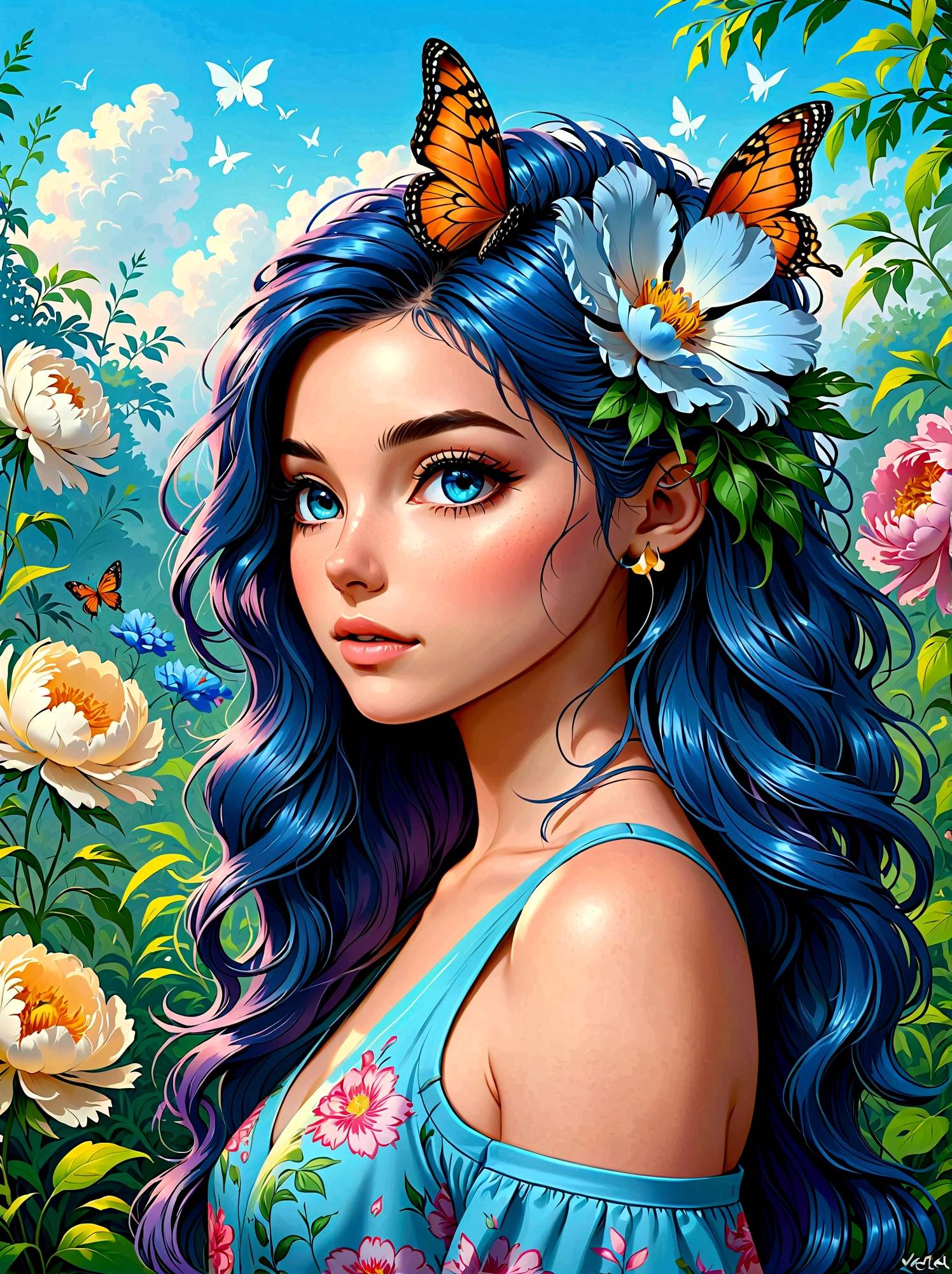 (masterpiece，Best quality:1.2，lifelike:1.4)，Cartoon Characters，Vector illustration，(1girl，Half Body)，Exquisite facial features，Detailed eye drawing，eyelash，Blush，Gorgeous clothes，Colorful hair，Dreadlocks，Unique and wild hairstyle，Exquisite makeup，blue华丽的汉服，Garden background blurred，concise，Glowing Butterfly，blue，Giant peony flower, 1kexx1