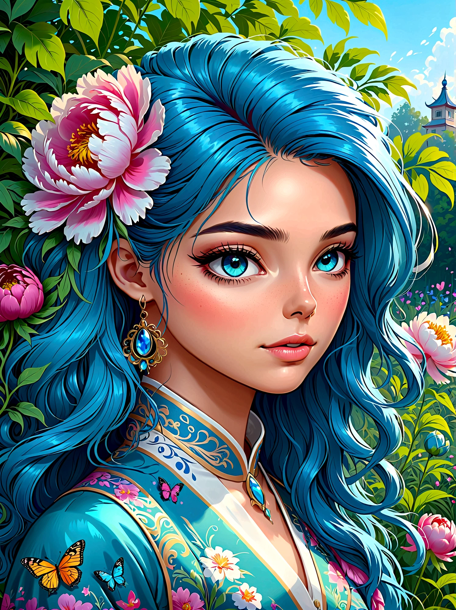 (masterpiece，Best quality:1.2，lifelike:1.4)，Cartoon Characters，Vector illustration，(1girl，Half Body)，Exquisite facial features，Detailed eye drawing，eyelash，Blush，Gorgeous clothes，Colorful hair，Dreadlocks，Unique and wild hairstyle，Exquisite makeup，blue华丽的汉服，Garden background blurred，concise，Glowing Butterfly，blue，Giant peony flower, 1kexx1