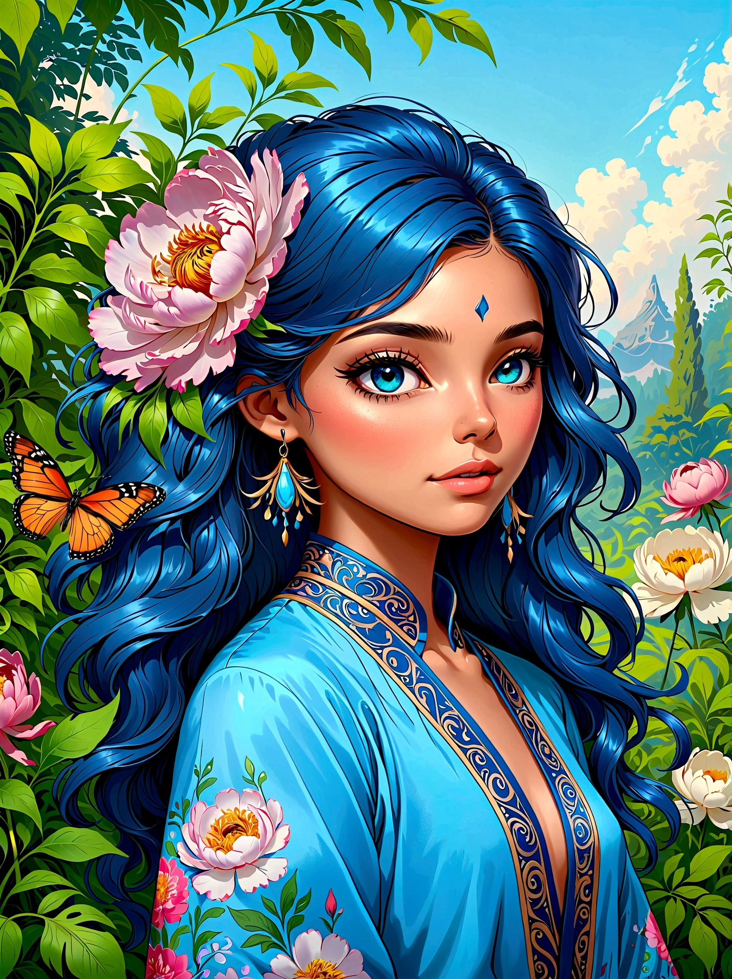 (masterpiece,Best quality:1.2,lifelike:1.4),Cartoon Characters,Vector illustration,(1girl,Half Body),Exquisite facial features,Detailed eye drawing,eyelash,Blush,Gorgeous clothes,Colorful hair,Dreadlocks,Unique and wild hairstyle,Exquisite makeup,blue华丽的汉服,Garden background blurred,concise,Glowing Butterfly,blue,Giant peony flower, 1kexx1