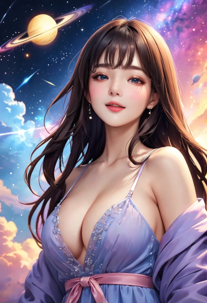 top-quality、​masterpiece、超A high resolution、(Photorealsitic:1.4)、Raw photo、女の子1人、Clean face、A detailed face、Dark hair、glowy skin、Wet body、Dramatic Writing、full body Esbian、Colossal tits、The background is outer space、blur backgroun、supernova、milkyway、nebulas、Fractal art、