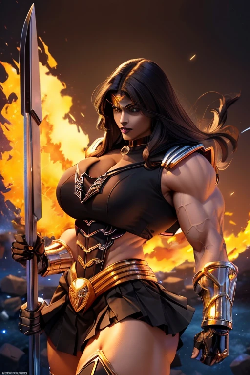 ((((Massive, tall, beautiful, buff, brown skinned  muscular woman with black hair, black lipstick, ginormous bulky muscles and wearing a mechanized black sailor moon costume and skirt)))), (close view), massive muscles, massive biceps, hyper muscle triceps, very dark skin, (long straight hair), orange eyes, black lipstick, black tiara, choker, sailor moon boots, holding a crescent scythe, fire, in space, Black hole, night time, smirk, hyper muscles arms, hyper muscle legs, ((massive arms)).