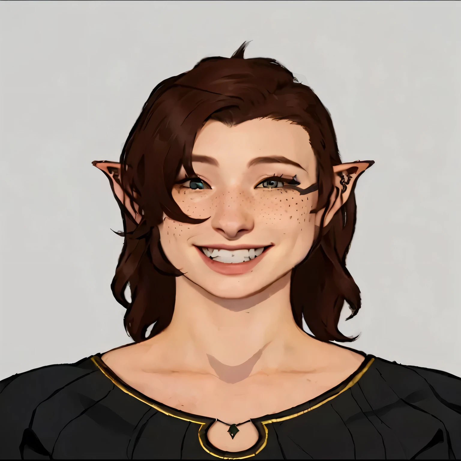 a realistic drawing of a woman with a cat's face and a smile, dnd avatar portrait of halfling, elven character with smirk, dnd portrait of a tiefling, a portrait of an elf, a middle aged elf, portrait of a dnd character, female elfling, as a d & d character, portrait dnd, as a dnd character, best quality, freckles on face, round face, gap in teeth