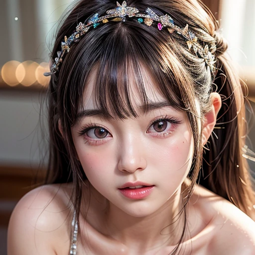 1girl, naked, animal ears, purple eyes, brown hair, wings, solo, long hair, blush, cat ears, flowers, looking at viewer, braids, bows, dresses, pink flowers, bows, hair accessories, bangs, cats, hair flower, animal ear hair, holding, virtual youtuber, blue bow, holding animal, catwoman, stuffed toy