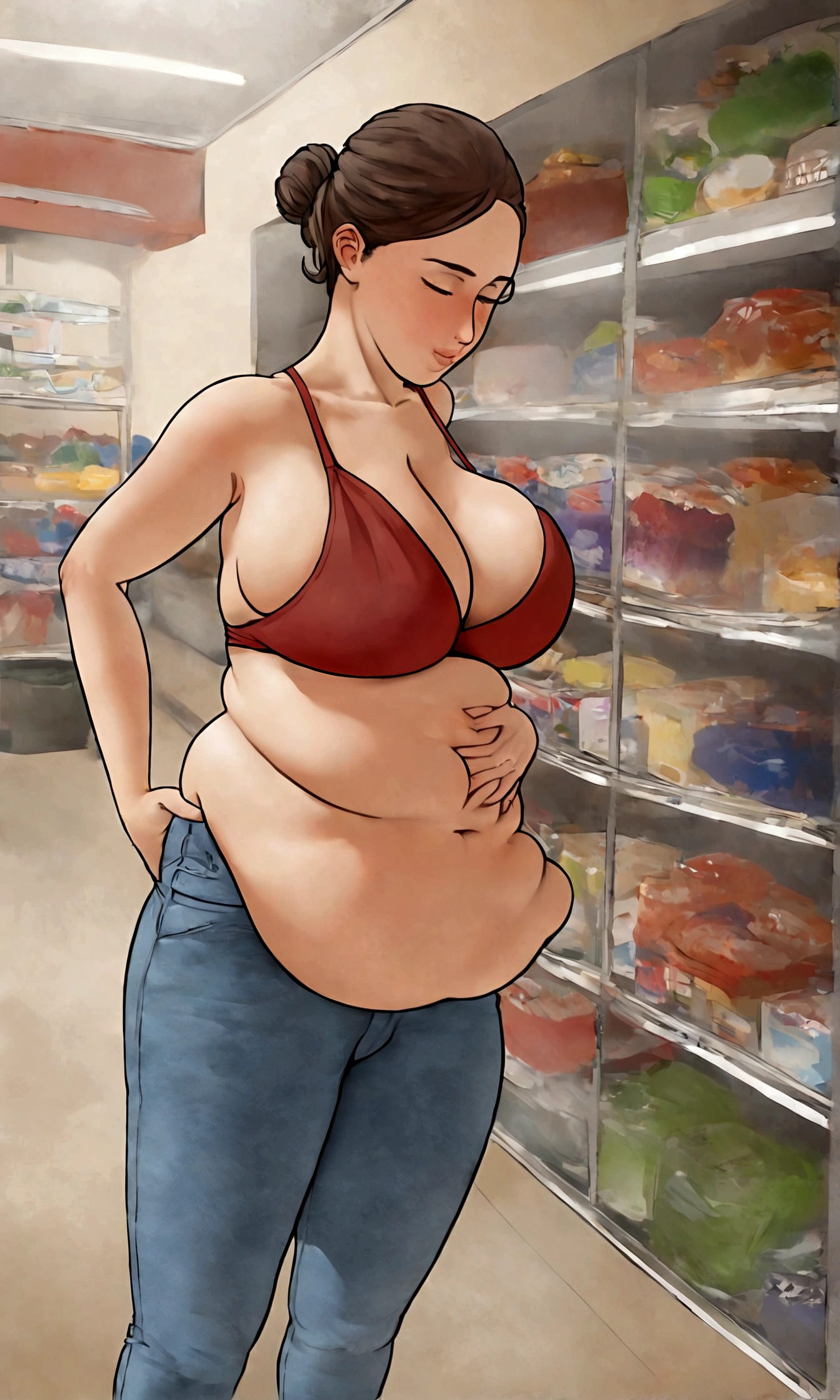 ,illustration of a woman in clothing store, short buttoned blouse with tight red jeans, love handles, belly skinny:1.3, skin indentation, deep skin, best quality, extremely high resolution, sharp focus, dynamic, inside a clothing store (creativity:1.3), chubby belly bulge, Norman Rockwell style