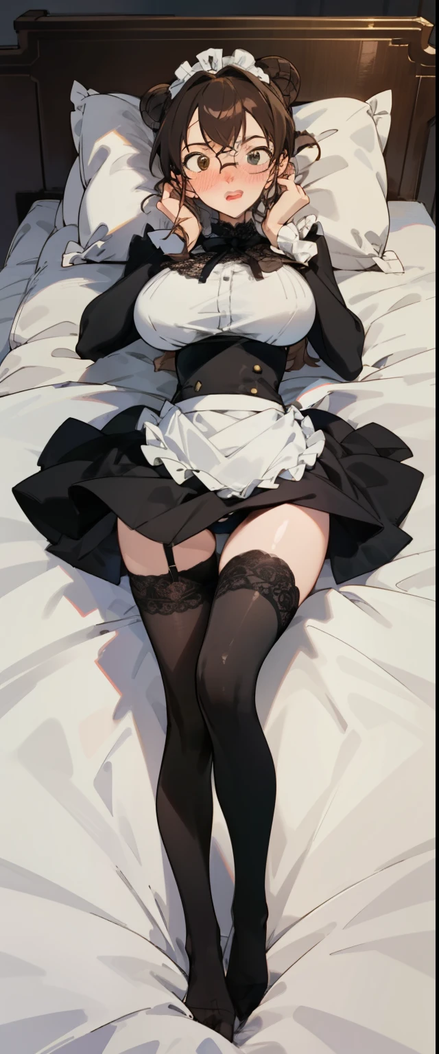 Night time,(Masterpiece), Best Quality, ultra-detailed, 1girl (eri,  Slender and sexy body, huge breasts, wide hips, brown hair, single hair bun, brown eyes, spectacles), a surprised face, open mouth, nose blush, blush,  facing viewer, looking at viewer, solo, maid (black), frill, apron, maid headdress,skirt lift, black lace panty, black lace thighhighs, in the  bedroom, on the  bed, lie down, lying, hands up, Full-body 