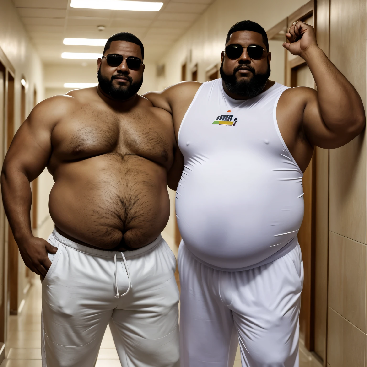 (8K Graphic Art) (fondo de un pasillo estrecho) sexy: Un solo hombre africano calvo sin pelo, cacheton gigante, obeso, muy barrigon, serio, 60 year old grumpy 35 meter tall bodyguard with a huge belly, corpulento de barriga con una forma redonda con un cuerpo obeso completo, standing in a hallway with a huge distended belly sticking out to the side like a huge beach ball, usando una camisa blanca uniforme, Long pants, gafas de sol con vientre enorme globo hinchado de 800 libras pesado lleno de mucha cerveza con una enorme barriga colgando entre sus rodillas, with his arms supporting his father's stomach