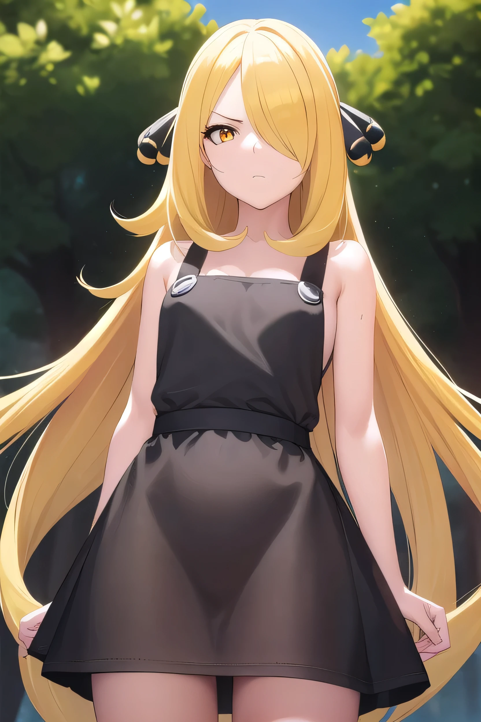 Pokemon Cynthia, Pokemon Cynthia, Blonde Hair, hair ornaments, (Hair in one eye:1.5), Long Hair, (Yellow Eyes:1.5), break, View Viewer,  whole body, (Cowboy Shot:1.5), break outdoors, nature, null, break (masterpiece:1.2), highest quality, High resolution, unity 8k wallpaper, (shape:0.8), (Beautiful details:1.6), Highly detailed face, Perfect lighting, Extremely detailed CG, (Perfect hands, Perfect Anatomy), Disgust, Angry face, Take off, flat 胸, Small breasts, View your audience, whole body, White clothes, Background kitchen, Naked Apron, so beautiful, Absurd, front, From below, masterpiece, 