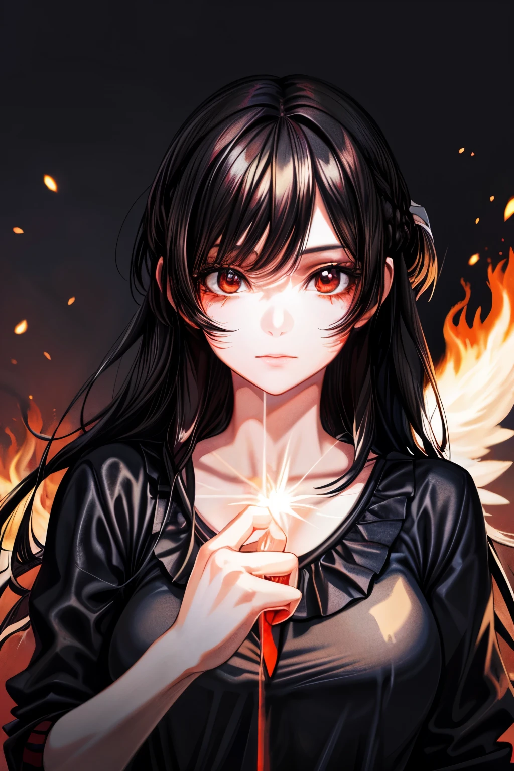 1girl, black hair, red eyes, fire witch, blood, light particles, light rays, wallpaper, high contrast, colorful