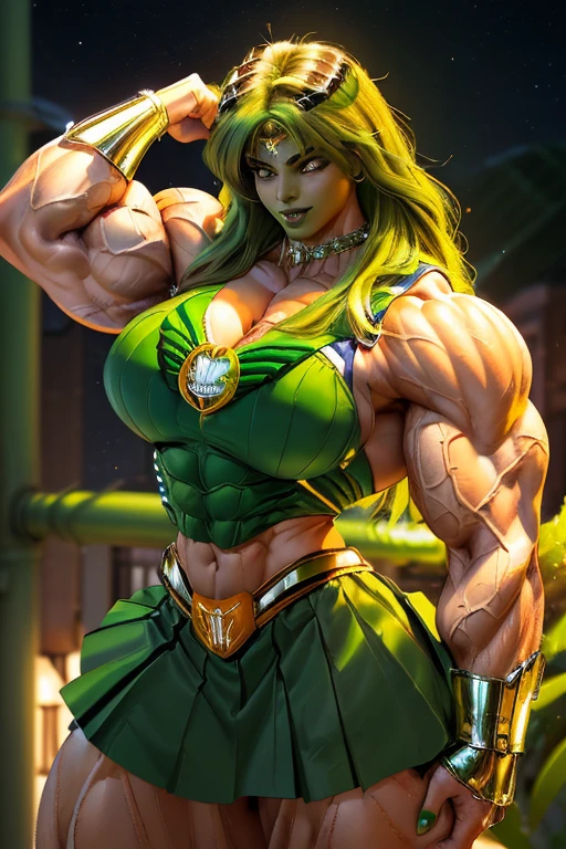 ((((Massive, tall, beautiful, buff, light brown skinned muscular woman with green hair, black lipstick, ginormous bulky muscles and wearing a green mechanized sailor moon costume and skirt)))), (close view), massive muscles, massive biceps, hyper muscle triceps, (long curvy hair), orange eyes, choker, black tiara, sailor moon boots, holding a bo staff, green fire, in space, Uranus, night time, smirk, hyper muscles arms, hyper muscle legs, ((massive arms)).