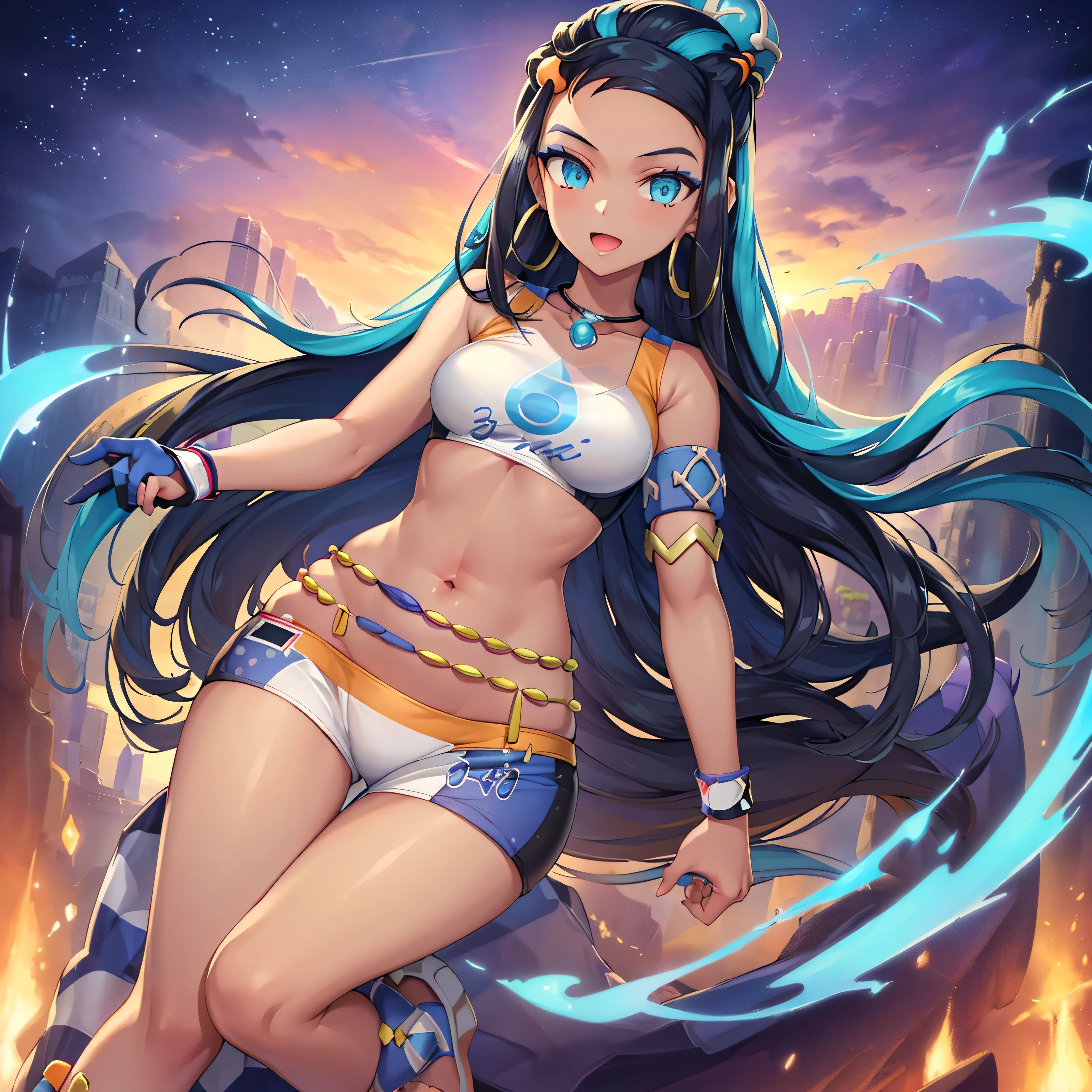 (masterpiece:1.2), (best quality), (ultra detailed), (8k, 4k, intricate), (full-body-shot:1), (highly detailed:1.2), (detailed face:1.2), (detailed background), detailed landscape, ((portrait)), (dynamic pose:1.2) nessa, black hair, blue hair, long hair, multicolored hair, blue eyes, dark skin, single hair bun, 1girl, ((solo)), breasts, looking at viewer, smile, open mouth, medium breasts, armlet, belly chain, (blue and orange bra), (blue and white panties), clothes with transparencies, single glove, hoop earrings, necklace, midriff, navel, sandals, nsfw, collarbone, cowboy shot, hand on hip, index finger raised, sidelocks, eyelashes,