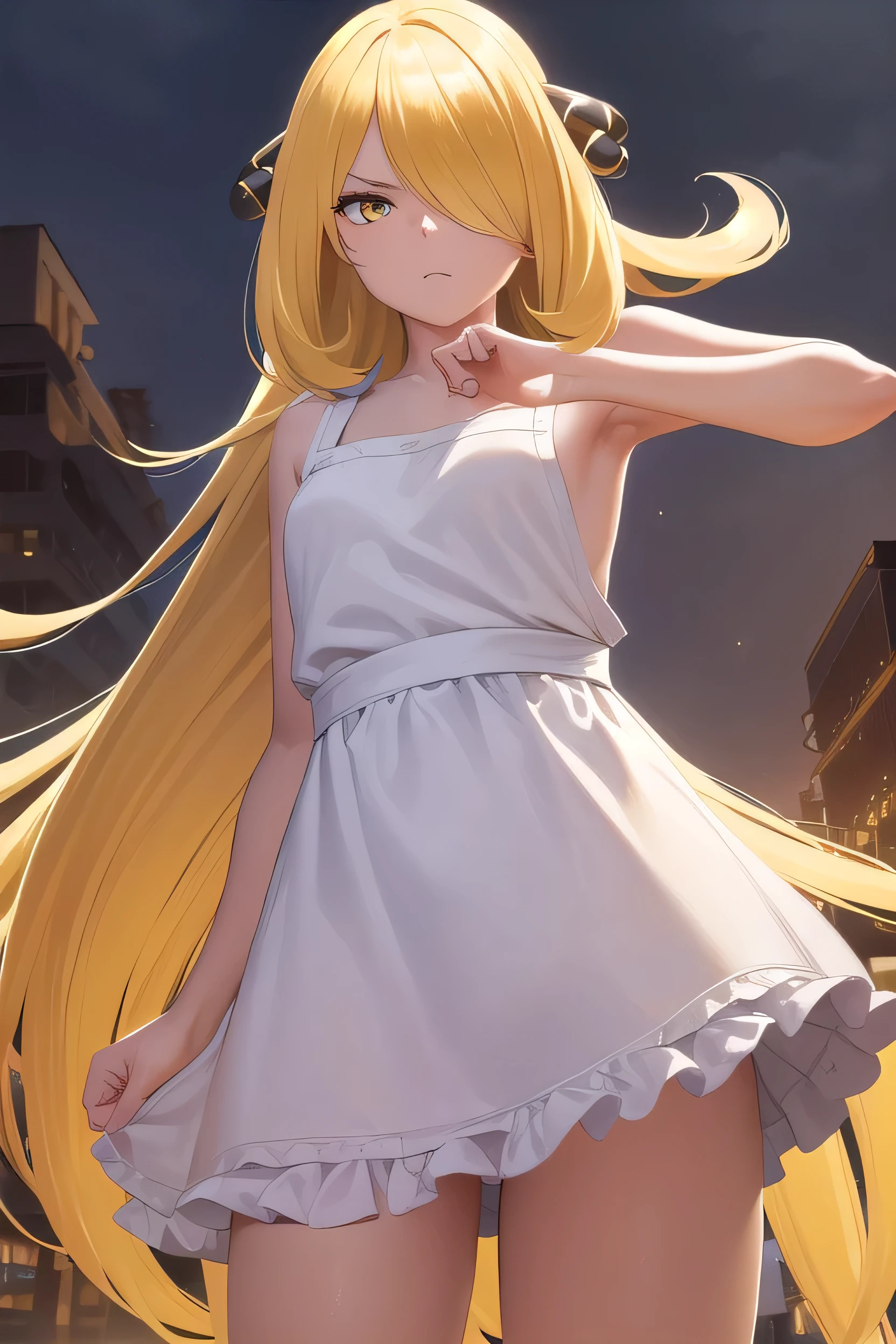 Pokemon Cynthia, Pokemon Cynthia, Blonde Hair, hair ornaments, (Hair in one eye:1.5), Long Hair, (Yellow Eyes:1.5), break, View Viewer,  whole body, (Cowboy Shot:1.5), break outdoors, nature, null, break (masterpiece:1.2), highest quality, High resolution, unity 8k wallpaper, (shape:0.8), (Beautiful details:1.6), Highly detailed face, Perfect lighting, Extremely detailed CG, (Perfect hands, Perfect Anatomy), Disgust, Angry face, Take off, flat 胸, Small breasts, View your audience, Naked with an apron, Cute white apron, Ruffled Apron, whole body, White clothes, Background kitchen, Naked Apron, so beautiful, Absurd, front, From below, masterpiece, 