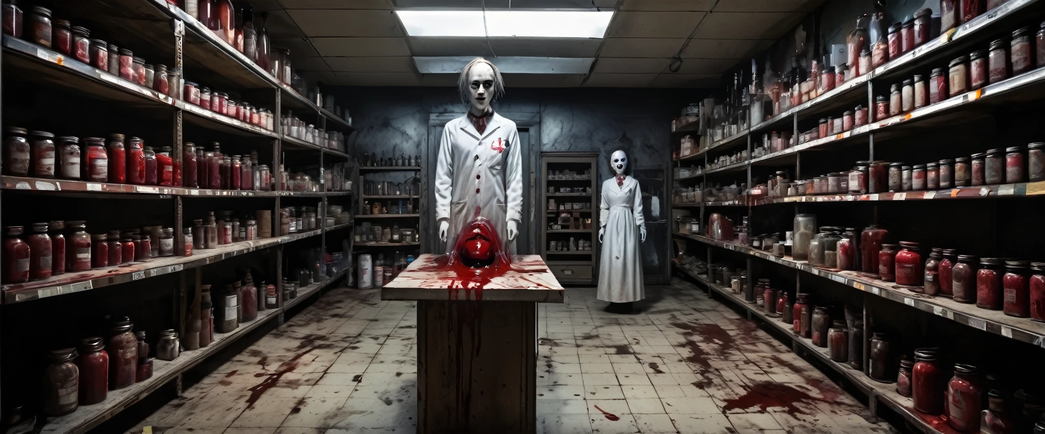 (Best quality, 4K, A high resolution, Masterpiece:1.2), (((Inside the Bloody Parts Big Store)))The shelves are full of horror, blood vessel, sci-fy ,(crowed:1.2),[Creepy mannequins], [Horrible amputation], [Bloody tools], [Rotting organs], [Terrible surgical instruments], [Disturbing dissection table], [Eerily dim lighting], [Sinister atmosphere][Creepy sculpture], [Disturbing mural], [Horror movie props], [Creepy doll head], [Haunting reflection], [Creepy shadows], [Morbid curiosity], [Creepy glass jars], [Ominous background music], [Creepy costumes], [Distorted mirror], [Menacing mannequin eyes], [Spooky abandoned aisles], [Bloody floor], [Haunted whispers], [Psychotic salesman], [Creepy window display], [Scary realistic mannequin limbs], [The screams echoed in the distance], [sinister expressions], [Weird mannequin face], [Grinding chains], [eerie fog], [Mad Scientist Lab resonates], [Bloodstained price tag], [creepy atmosphera]


