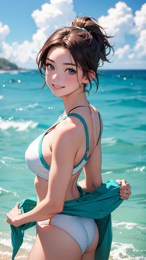 highest quality、Realistic、Women、、zoom、Chestnut Hair、Turquoise Eyes、short hair、athlete、muscle、Swimwear、smile、Ocean、Looking down、、Bust Shot、