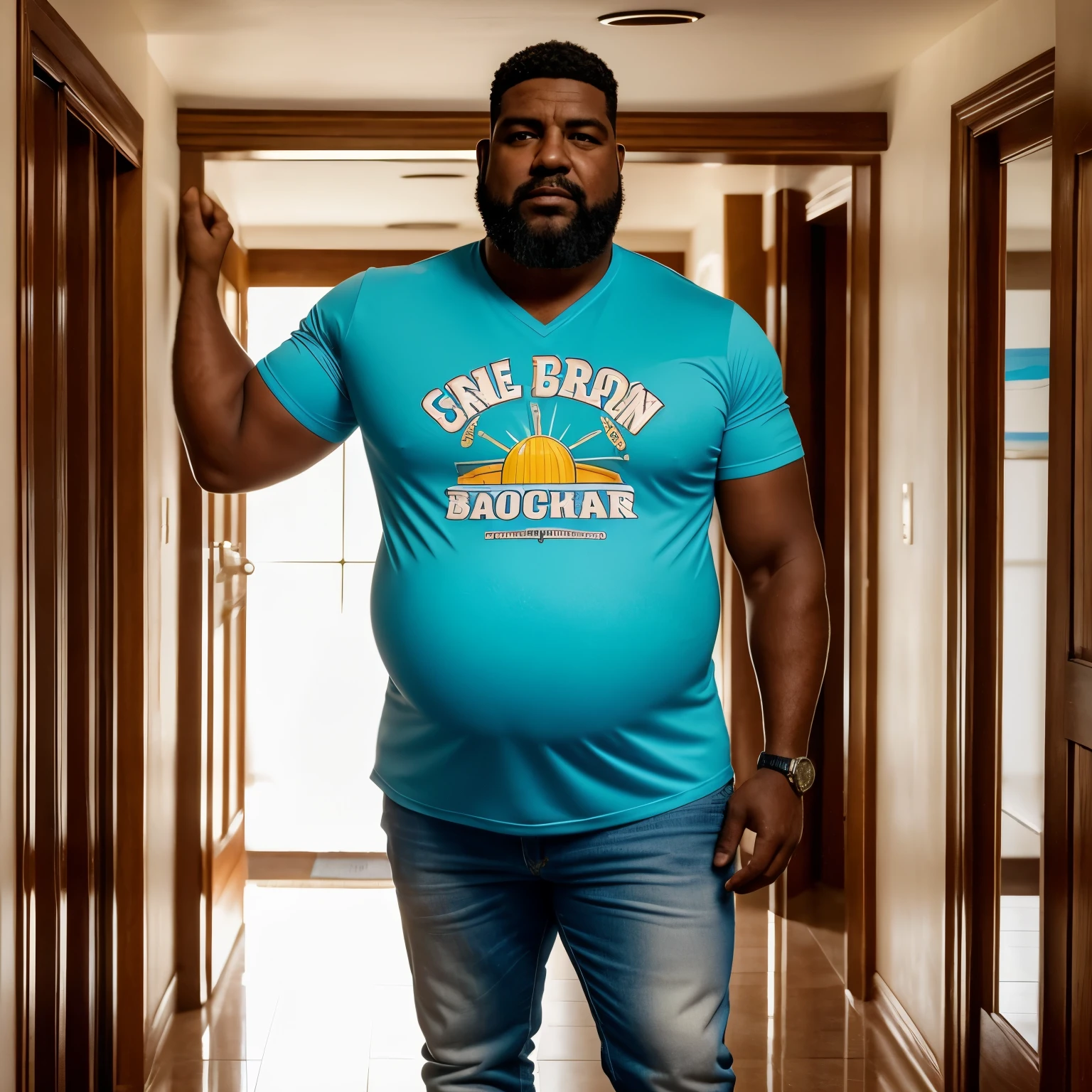 (8K Graphic Art) (fondo de un pasillo estrecho) sexy: Un solo hombre africano calvo sin pelo, cacheton gigante, obeso, muy barrigon, serio, 60 year old grumpy 35 meter tall bodyguard with a huge belly, corpulento de barriga con una forma redonda con un cuerpo obeso completo, standing in a hallway with a huge distended belly sticking out to the side like a huge beach ball, usando una camisa blanca uniforme, Long pants, gafas de sol con vientre enorme globo hinchado de 800 libras pesado lleno de mucha cerveza con una enorme barriga colgando entre sus rodillas, with his arms supporting his father&#39;s stomach 