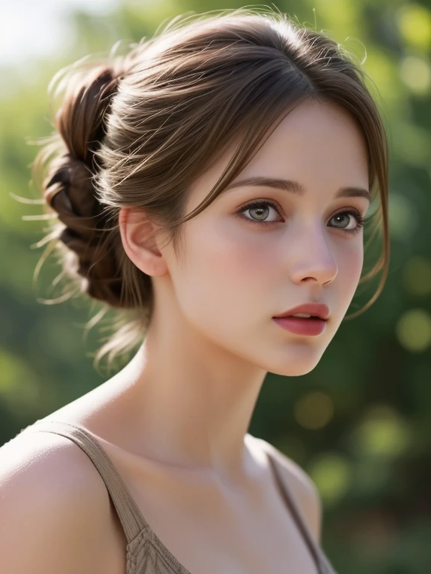(looking away:1.4), (upper body shot:1.2), Realistic digital painting of a woman portrait, Shy, Cute, open mouth to say something, sad, blue eyes, (half updo:1.1), (light brown brunette hair:1.3), (Highly detailed skin:1.2), Mystical style, Global Illumination,