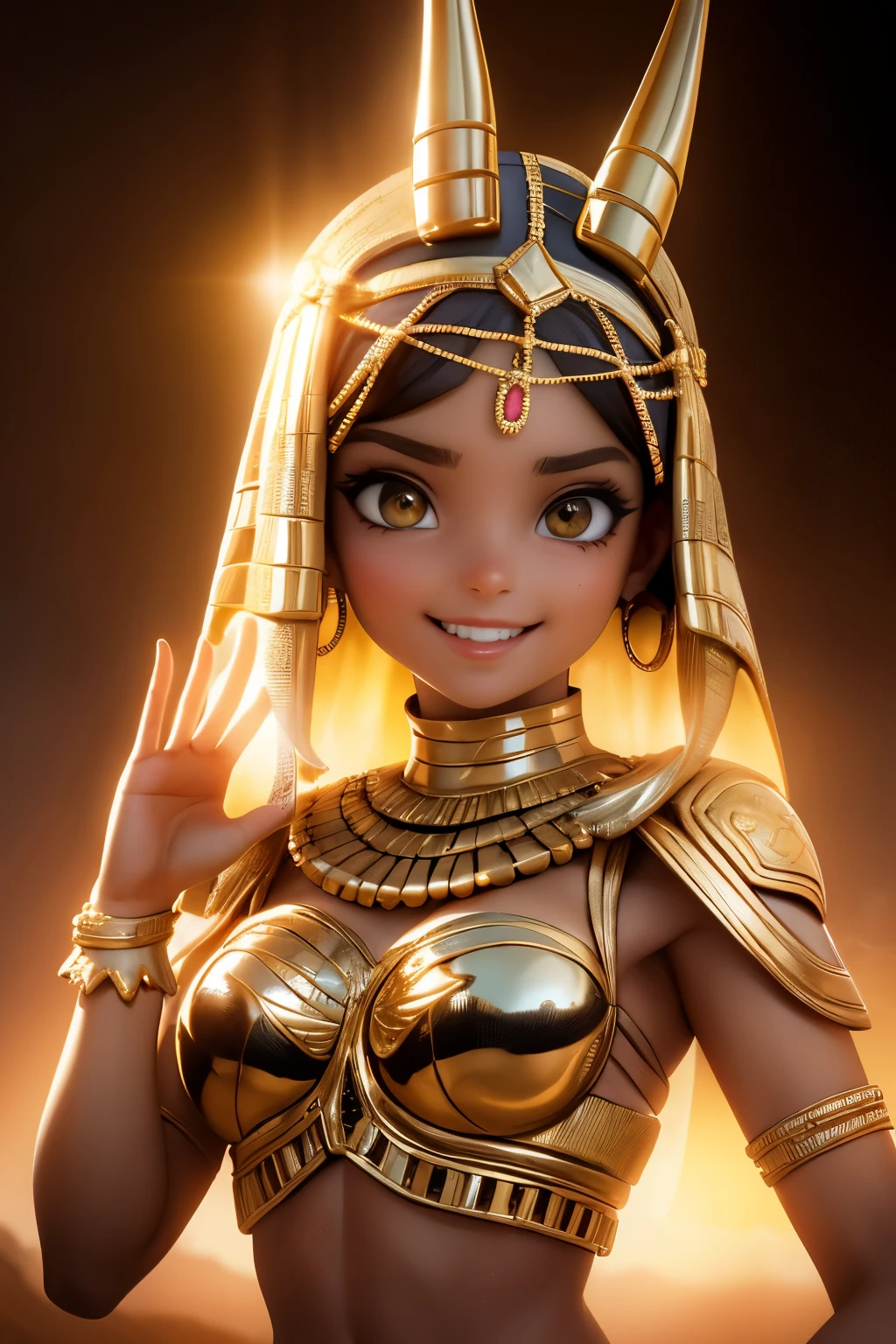 a young girl visiting the egyptian pyramids, smiling, adventurous style, energetic, highly detailed, photorealistic, 8k, hyperrealistic, extremely detailed, cinematic lighting, warm color tones, dramatic shadows, ornate jewelry, intricate clothing details, confident pose, dynamic composition, golden hour lighting, volumetric fog, atmospheric haze