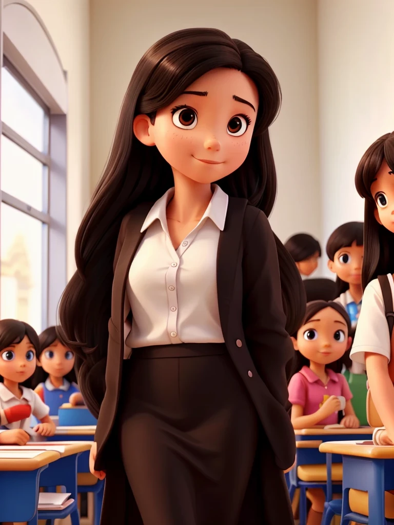 Preschool teacher with white skin, brown eyes, long black hair in a classroom with children
