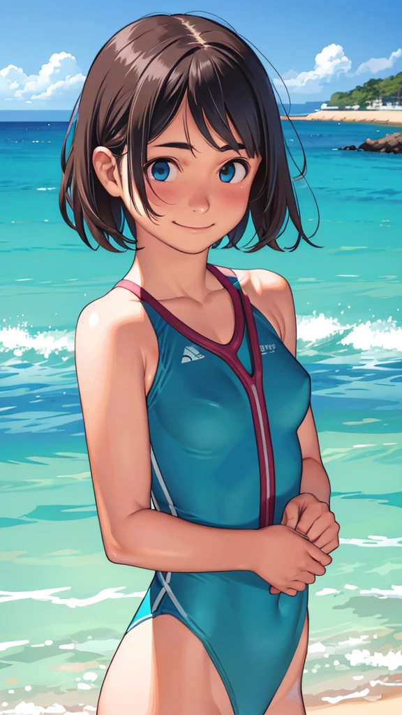 highest quality、Realistic、female、zoom、Chestnut Hair、Turquoise Eyes、short hair、athlete、muscle、Swimwear、smile、Ocean、Looking down、、Bust Shot、