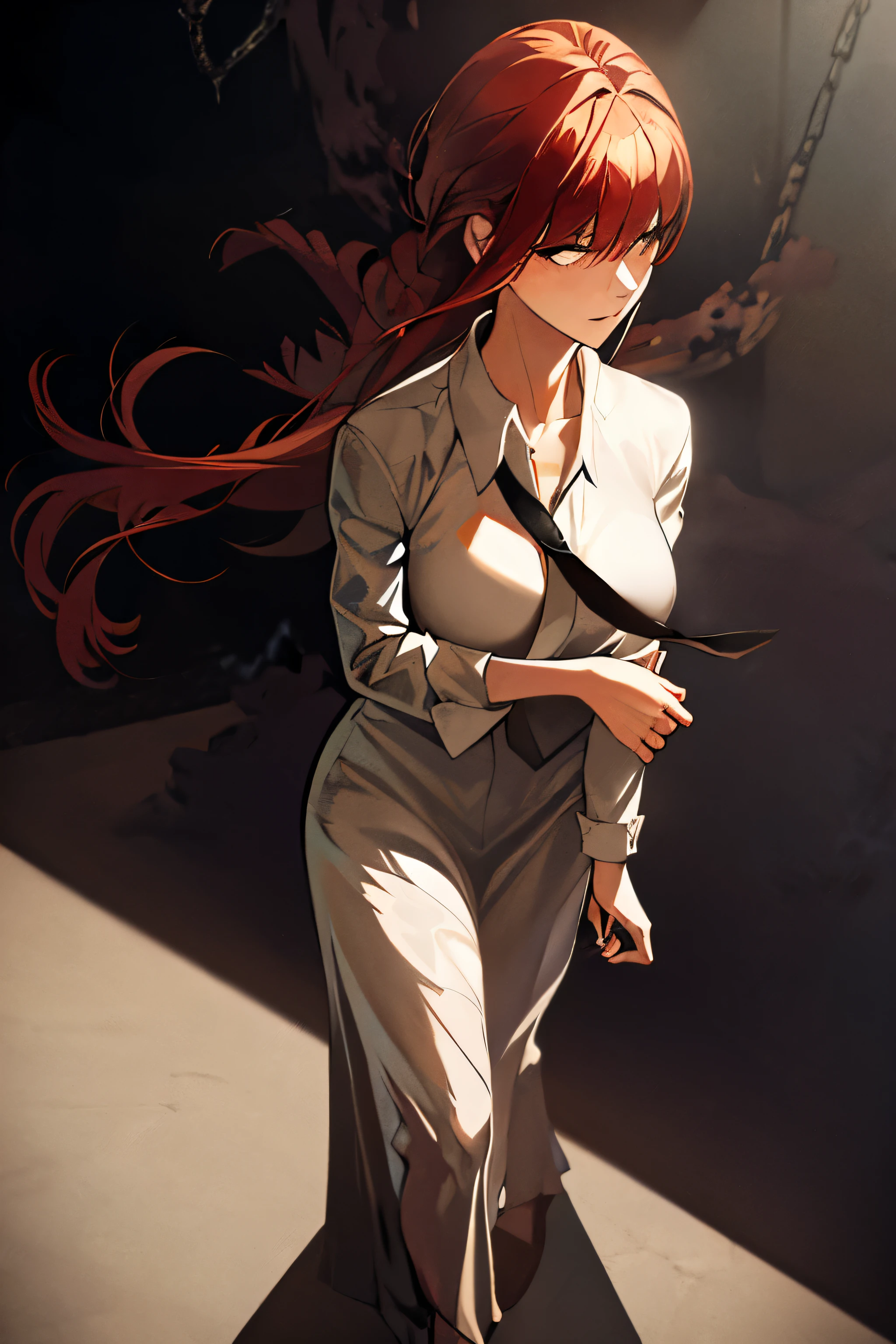Makima from Chainsaw Man, depicted in a realistic style. She is a woman with long red hair and bangs, wearing a white dress shirt, black pants, and a black tie. She has a calm and composed expression, standing in a confident pose. The background is dark and eerie, with a realistic urban setting, perhaps with dim streetlights and shadows. The atmosphere is intense and dramatic, capturing her character's complexity and power in a realistic manner.