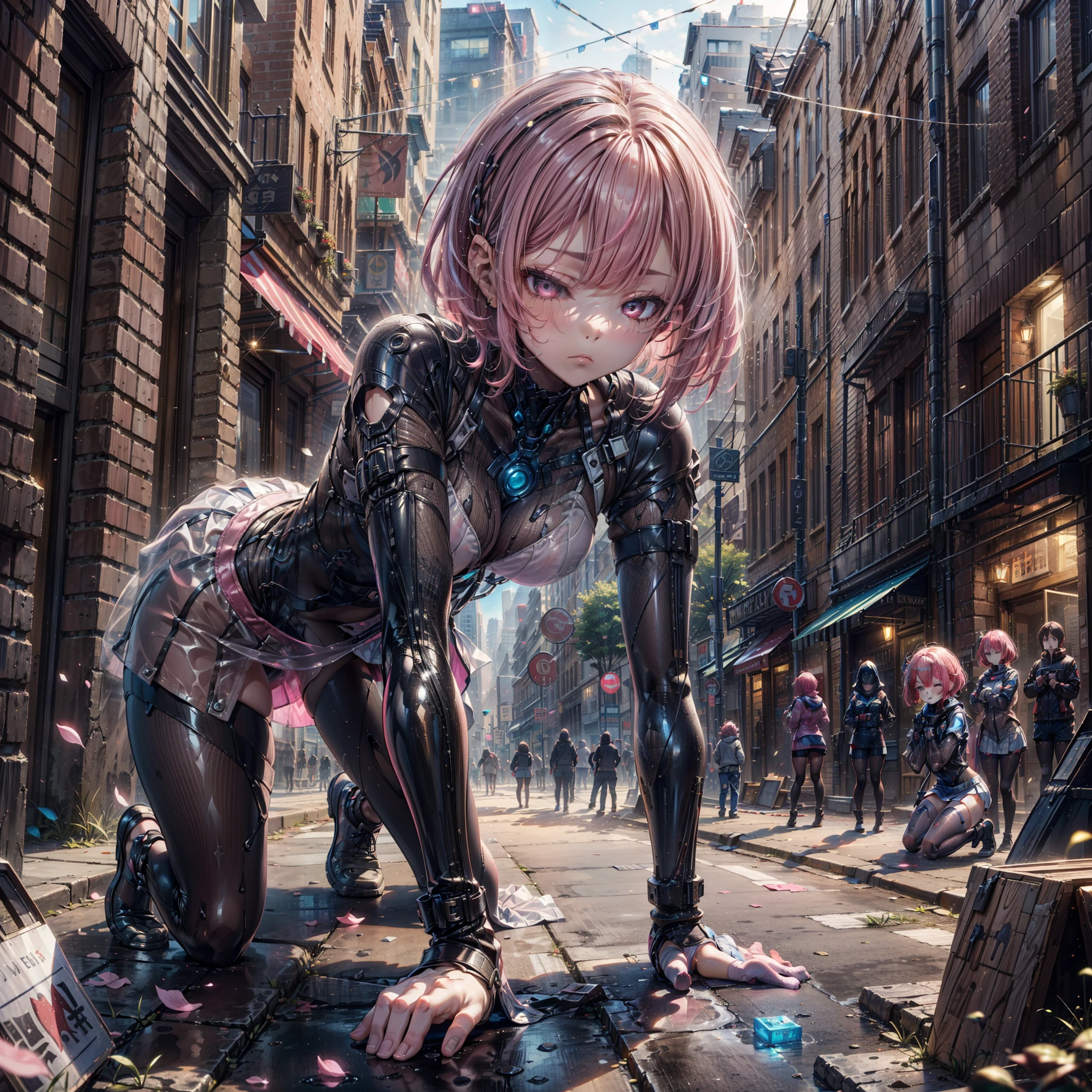 (1 woman),,alone,city,noon,(((White tight mini skirt bodysuit))),sad face,close eyes,((See through)),Bobcut,((beautiful pink hair)),Dark Eyes,,A city with no one,(((on all fours))),(((kneeling))),