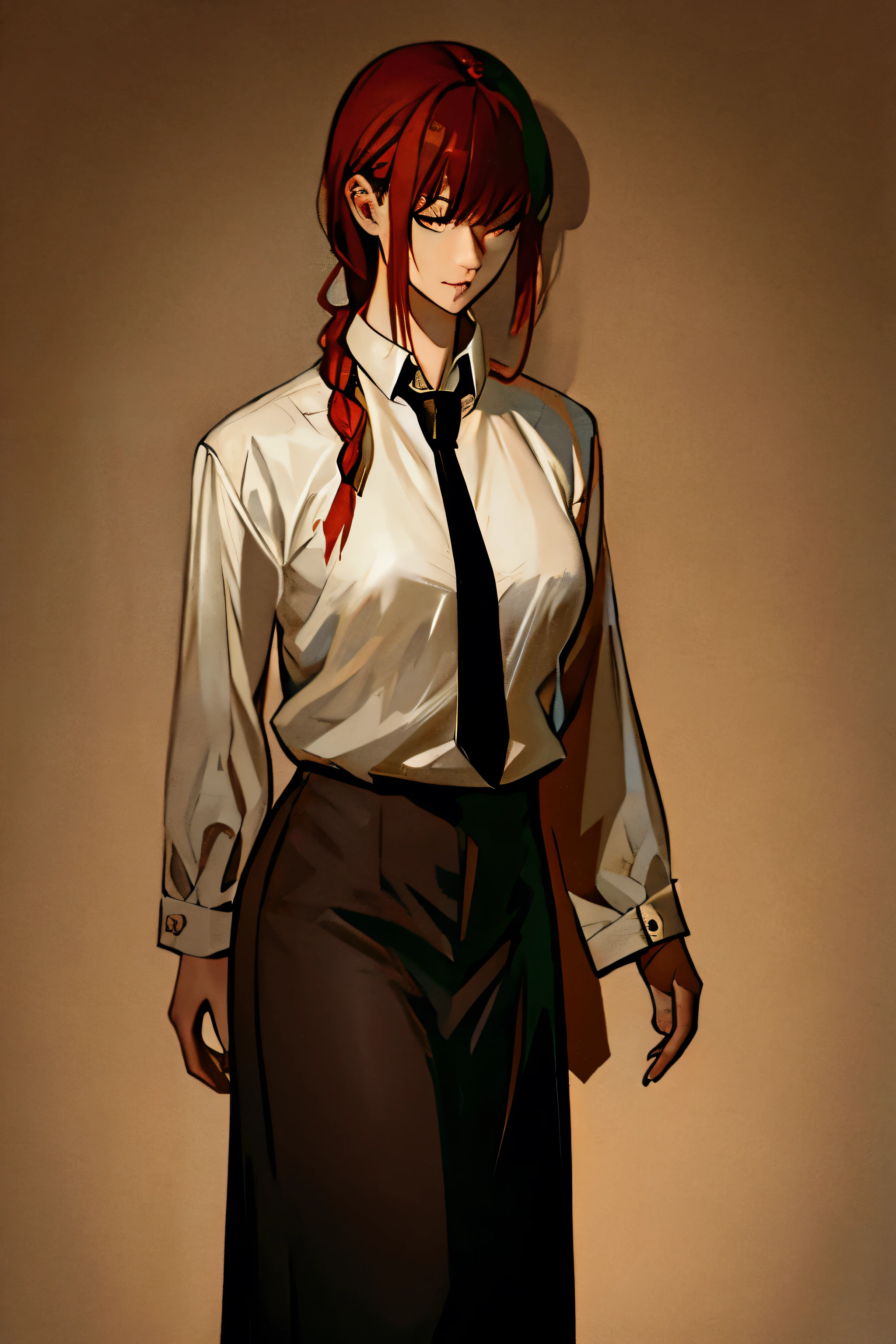 Makima from Chainsaw Man, depicted in a realistic style. She is a woman with long red hair and bangs, wearing a white dress shirt, black pants, and a black tie. She has a calm and composed expression, standing in a confident pose. The background is dark and eerie, with a realistic urban setting, perhaps with dim streetlights and shadows. The atmosphere is intense and dramatic, capturing her character's complexity and power in a realistic manner.