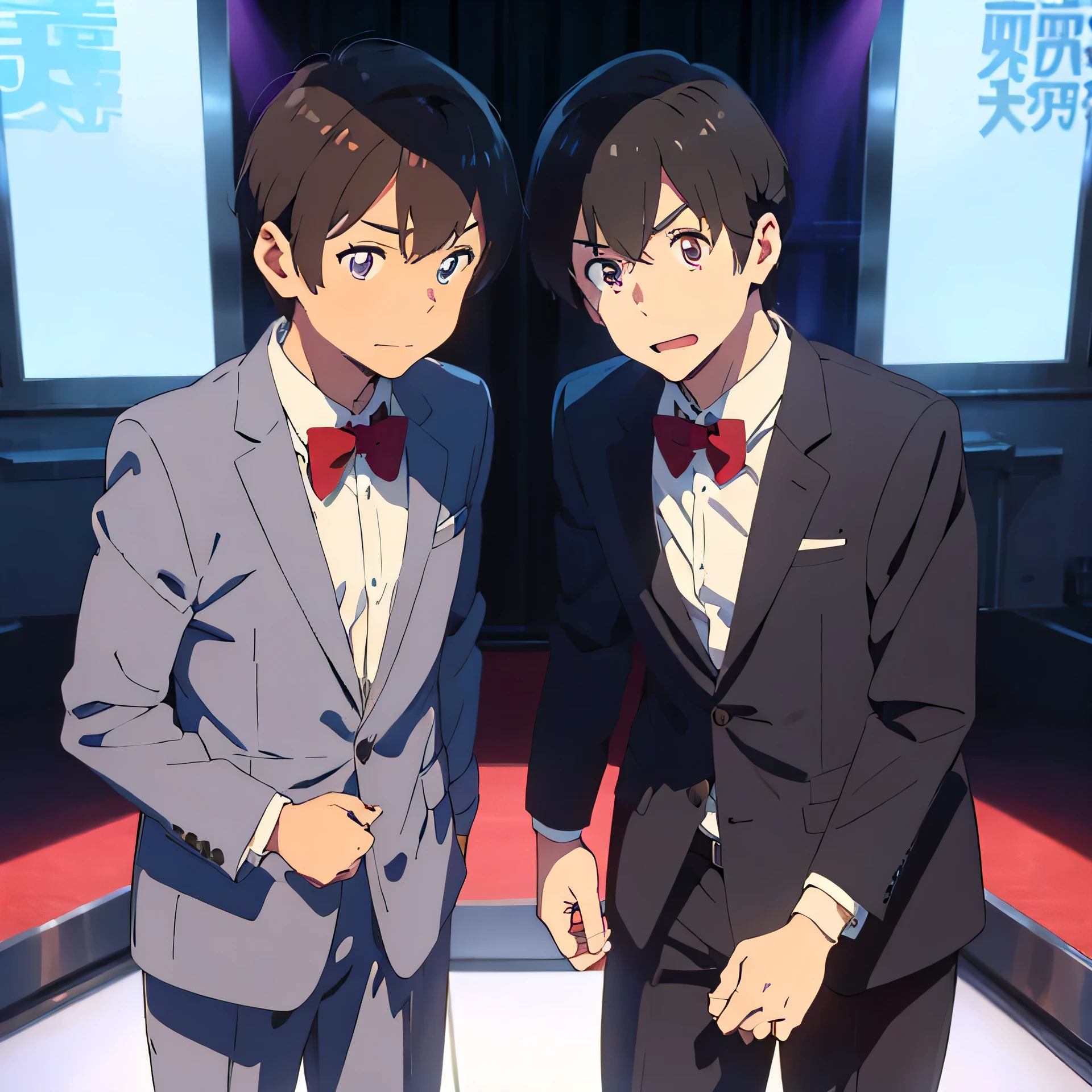 A manzai comedy duo, two men in blue suits and red bow ties, are standing on a comedy stage、They both wear the same outfit、Draw without cutting your hands