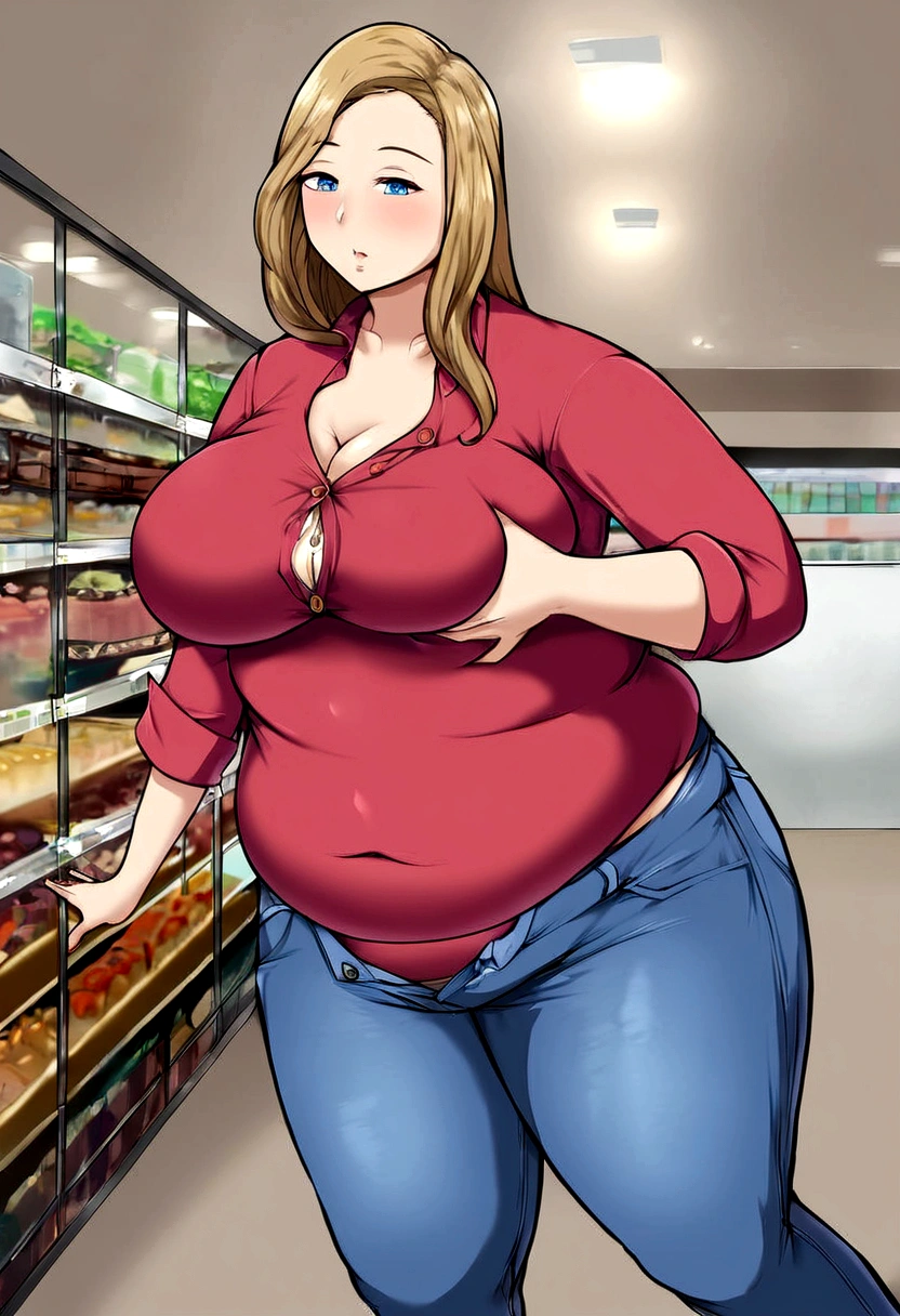 ,illustration of a woman in clothing store, short buttoned blouse with tight red jeans, love handles, belly skinny:1.3, skin indentation, deep skin, best quality, extremely high resolution, sharp focus, dynamic, inside a clothing store (creativity:1.3), chubby belly bulge, Norman Rockwell style