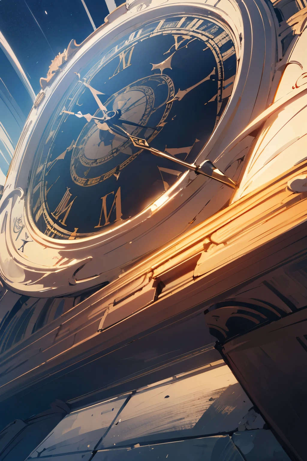 create an area, her floor is a giant clock, envolta desse relogio tem varios outros relogios de pedestais, the sky above is red, with several clocks made of blue light