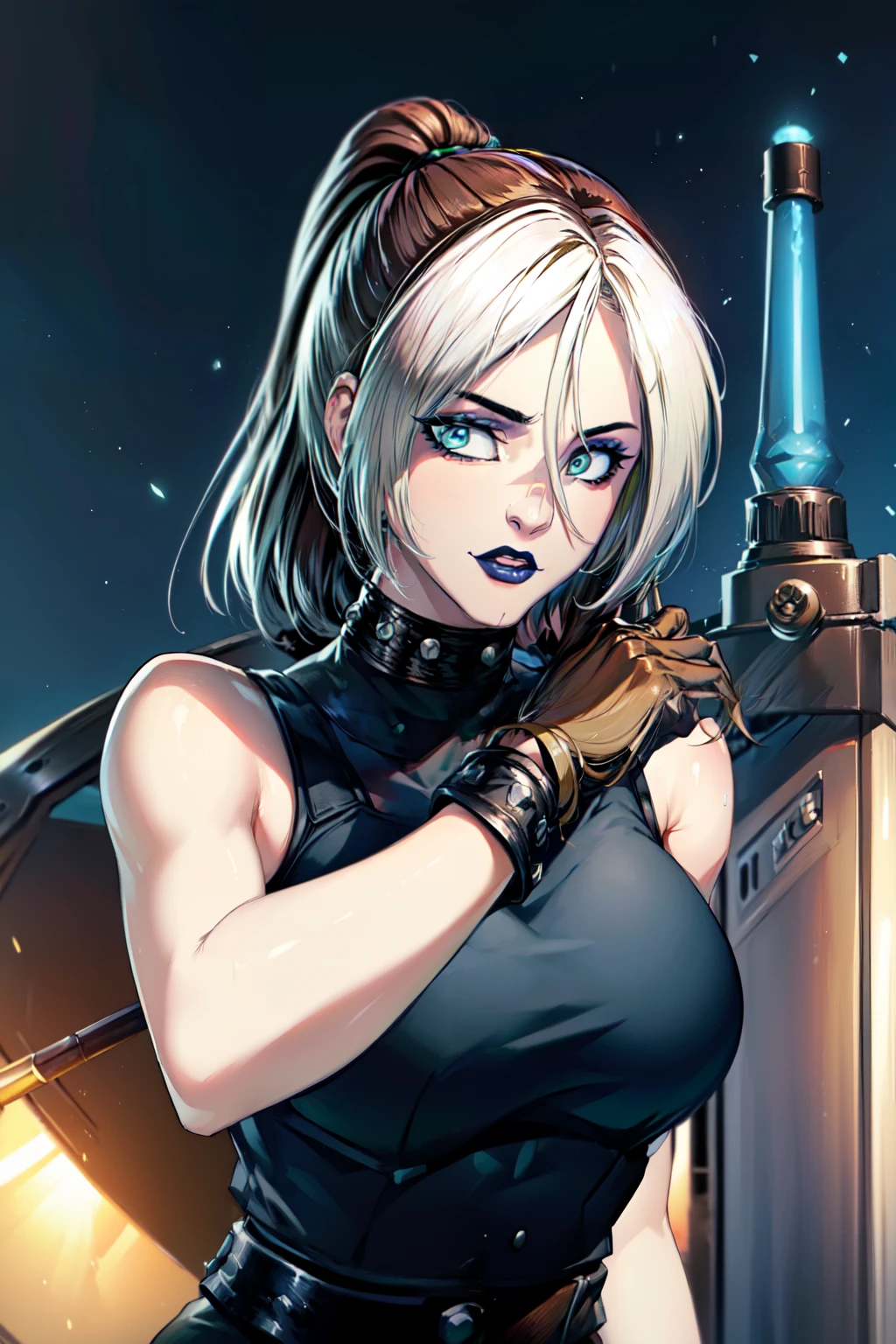 (masterpiece, best quality:1.2), Blue  glowing eyes, perfect face, highres, 1 girl, solo, ultra long ponytail, (female:1.5), strife, blonde hair, shoulder armor, sleeveless turtleneck, suspenders, belt, gloves, bracer, evil smile, standing, portrait, looking at viewer, giant sword on the back