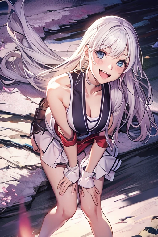 CG, Unity, 8k, wallpaper, highest quality, masterpiece, One girl, Cheerful girl, 17 years old, (Bright smile: 1.2), barefoot, Best lighting, Complex pupil, Complex weaving,Low - Angle,White Hair,Hair covering one eye,whole body,((White background))