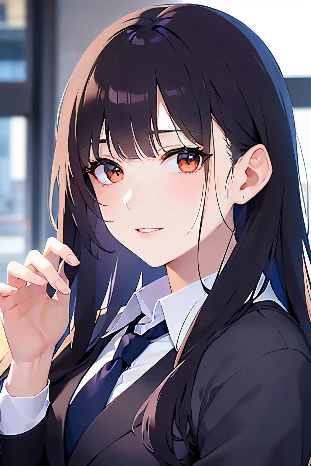 Realistic, real person, (pale skin: 1.2), RAW photo, photorealistic, portrait photography, shiny skin, shiny hair、 (A 25-year-old woman with bangs) and (wavy hair) and (brown hair) and (orange eyes) , (business suit:1.5)and (Wearing a white collared shirt)、 smile、Upper Body、The background is the office、Raise your hand、one person