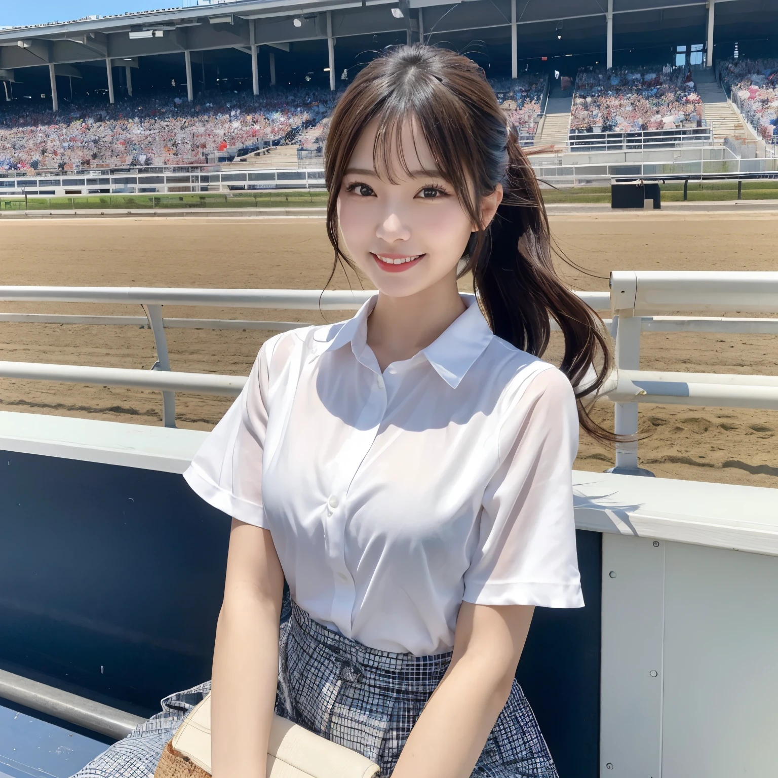 Generate a photograph of a beautiful Japanese woman excitedly sitting in the bleachers at a horse race track. She is dressed casually and holds her ticket high in her hand. In the background, the racetrack track and other spectators can be seen, creating an atmosphere full of excitement and anticipation. A large number of bills are flying.