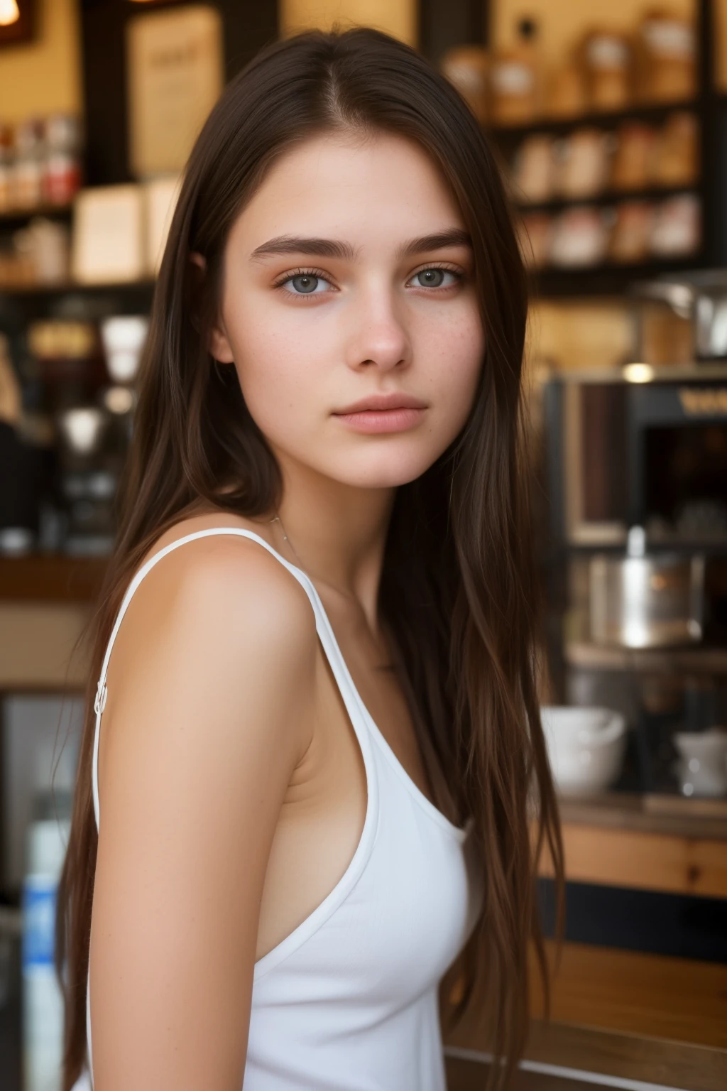 Australian model girl, (16 years old), in the coffee shop, morning, (from front view), relaxed expression, (face and skin details), (masterpiece, best quality, highly detailed, hyper realistic) 