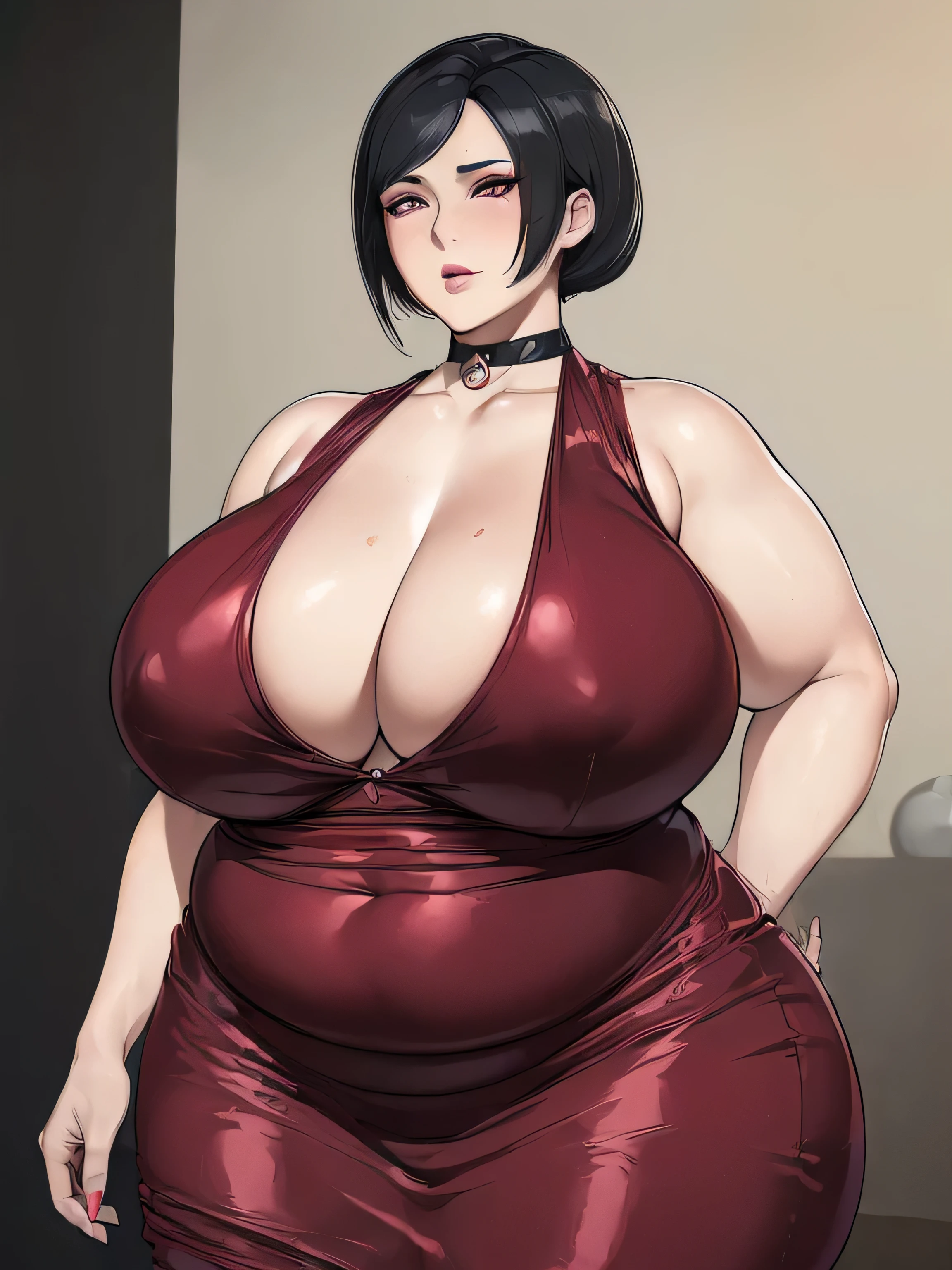 (Obra de arte, melhor qualidade, high resolution:1.5), Ada wong, hiper-realista, 1 mulher, (ussbbw:1.4), (obeso:1.4), (morbidly obeso:1.4), rosto detalhado, vestido vermelho, decote
