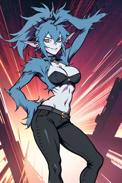 Wolfie, hells, girl1, solo, smiling, ponytail hair, leather pants, furry, hair, ears, (best quality 1.2)(Masterpiece 1.2)full body, park