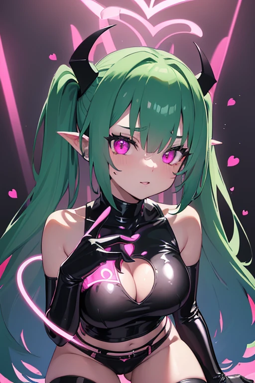 masterpiece, best quality, extremely detailed, green hair, medium hair, red eyes, BREAK (black and shocking-pink theme:1.4), (sexy succubus cosplay costume with pubic tattoo:1.2), (sleeveless black latex high neck crop top with heart-shaped cut keyhole:1.4), ((bare shoulders, bare arms, bare thighs):1.3), (black latex low rise micro shorts:1.3), (shocking-pink grommet belt:1.3), (tight latex black long sleeve:1.3), ((fusion of black high platform coots and thigh high boots) with heel:1.2), (shocking-pink devil horns has bioluminescence glow LED-light on temporal region:1.3), (large bat wings for cosplay:1.4), (black wings:1), (shocking-pink (heart-shaped, heart-symbol) bioluminescence glow LED-light on stomach:1.4), (black bangles for prisoners:1.2),smile