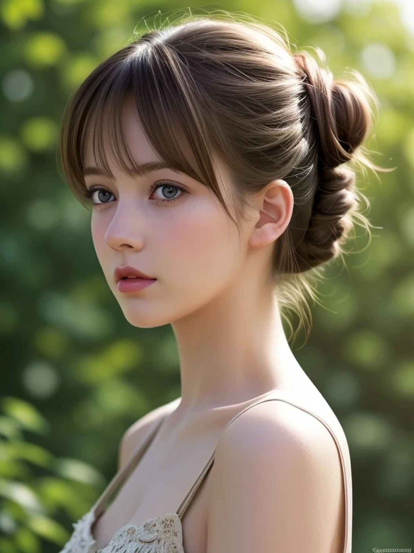 (looking away:1.4), (upper body shot:1.2), Realistic digital painting of a woman portrait, Shy,  Cute, open mouth to say something, sad, blue eyes,  (half updo:1.1), (light brown brunette hair:1.3), bangs, (Highly detailed skin:1.2), Mystical style, Global Illumination,