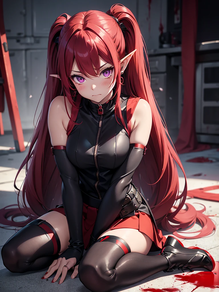a girl，Elf，long red hair，long twintails，Purple Eyes，blush，earrings，Black sleeveless bodysuit，Super detailed zipper，Black arm sleeves，red skirt，black knee socks，Black ankle boots，Kneeling，((Blood all over))，((Injuried))，Rendering，best picture