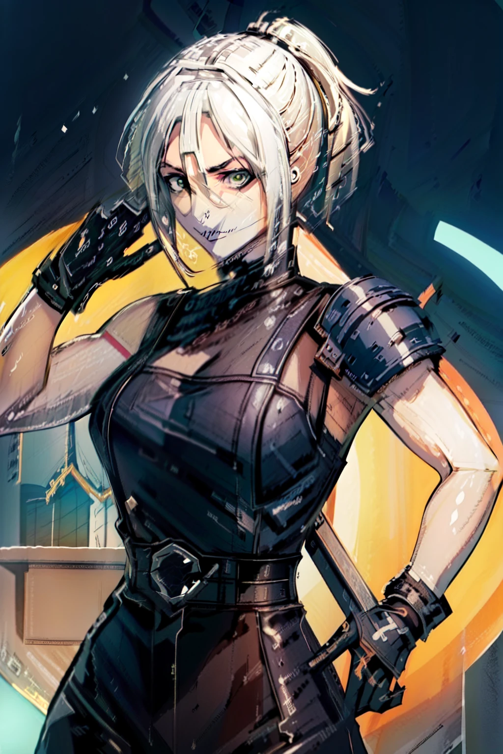 (masterpiece, best quality:1.2), Blue  glowing eyes, perfect face, highres, 1 girl, solo, ultra long ponytail, (female:1.5), strife, blonde hair, shoulder armor, sleeveless turtleneck, suspenders, belt, gloves, bracer, evil smile, standing, portrait, looking at viewer, giant sword on the back