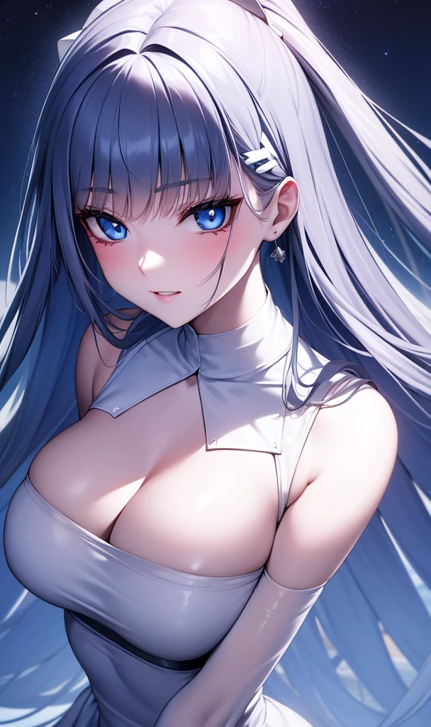 ((obra maestra)), ((mejor calidad)), (ultra detallado), ((extremadamente detallado)), 4k, (8K), mejor calidad, (Hermoso), estilo animado, mirar hacia arriba desde abajo, bar, Noche, una chica guapa, 1 chica, solo, traje, Hermoso rainbow hair, Hermoso blue eyes, ((Hermoso eyes)), De piel blanca, pendientes, cuello, sonrisa