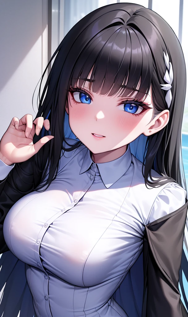 ((obra maestra)), ((mejor calidad)), (ultra detallado), ((extremadamente detallado)), 4k, (8K), mejor calidad, (Hermoso), estilo animado, mirar hacia arriba desde abajo, bar, Noche, una chica guapa, 1 chica, solo, traje, Hermoso rainbow hair, Hermoso blue eyes, ((Hermoso eyes)), De piel blanca, pendientes, cuello, sonrisa