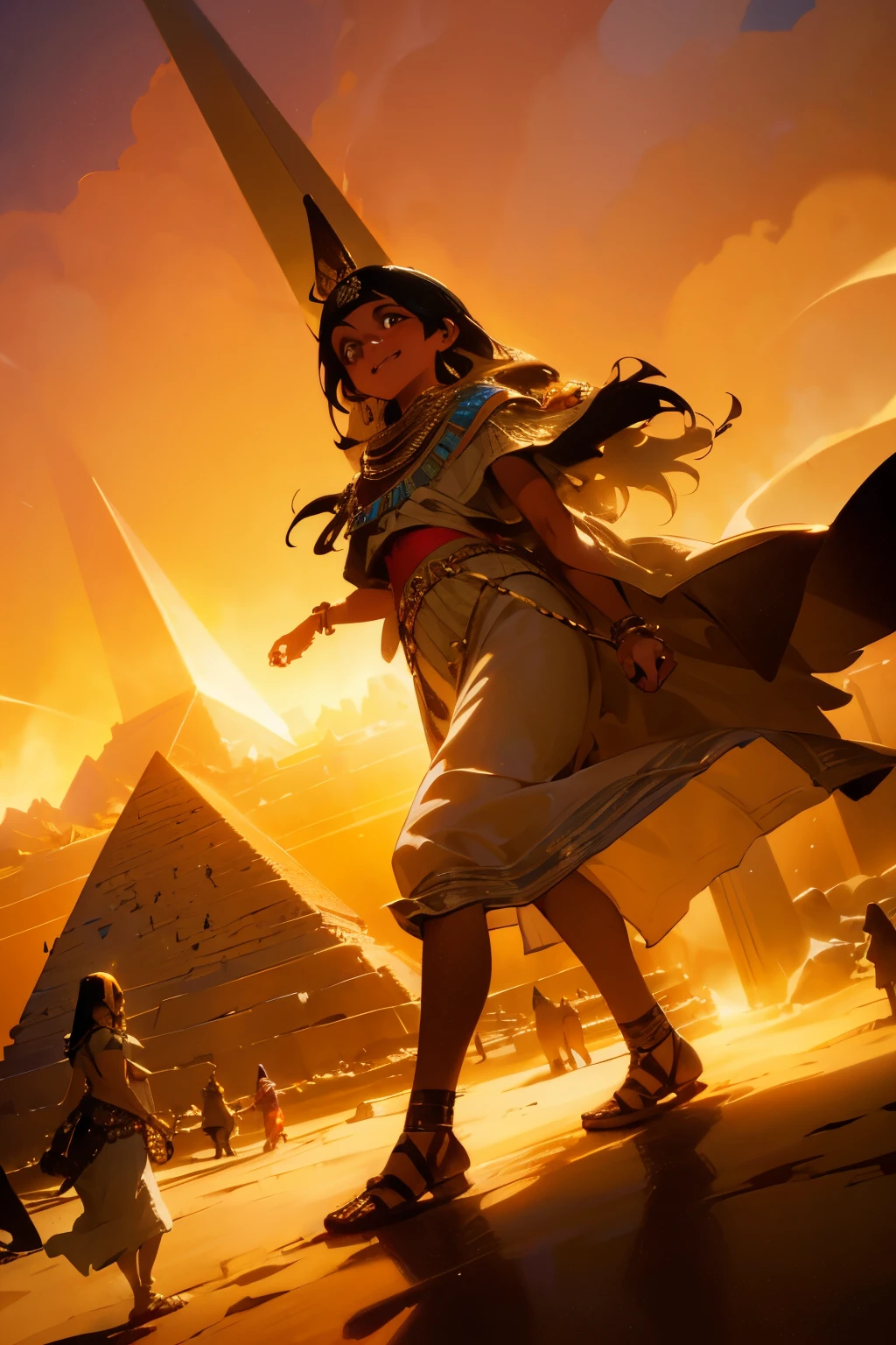 a young girl visiting the egyptian pyramids, smiling, adventurous style, energetic, highly detailed, photorealistic, 8k, hyperrealistic, extremely detailed, cinematic lighting, warm color tones, dramatic shadows, ornate jewelry, intricate clothing details, confident pose, dynamic composition, golden hour lighting, volumetric fog, atmospheric haze