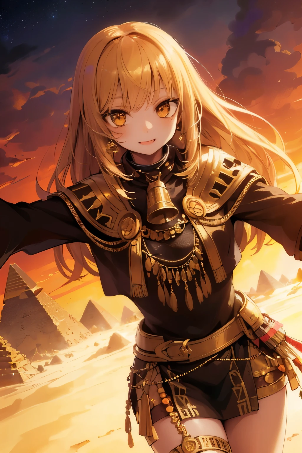 a young girl visiting the egyptian pyramids, smiling, adventurous style, energetic, highly detailed, photorealistic, 8k, hyperrealistic, extremely detailed, cinematic lighting, warm color tones, dramatic shadows, ornate jewelry, intricate clothing details, confident pose, dynamic composition, golden hour lighting, volumetric fog, atmospheric haze