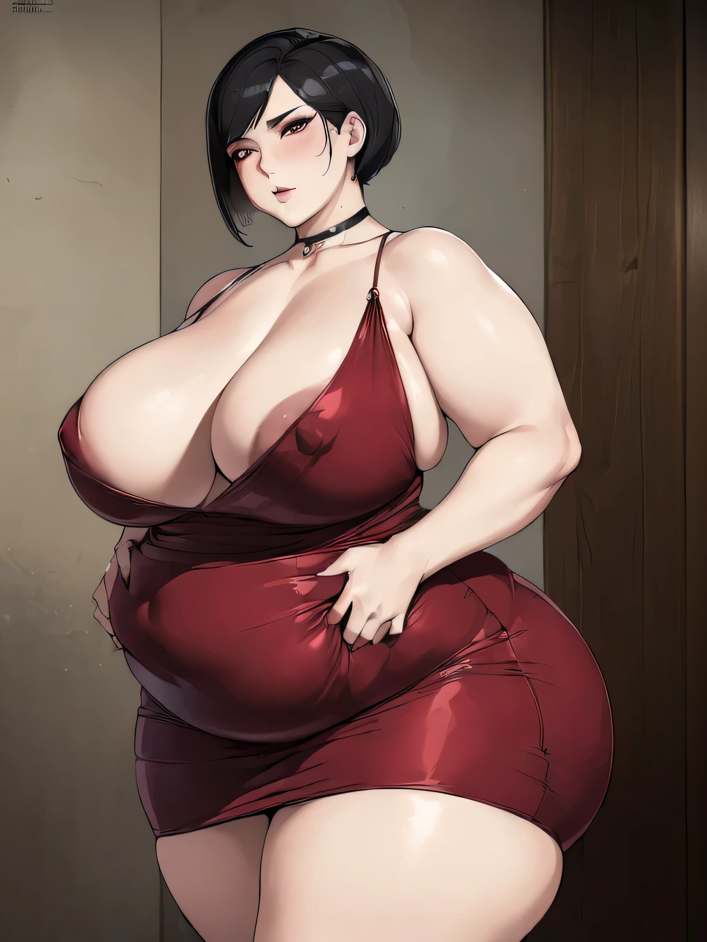 (Obra de arte, melhor qualidade, high resolution:1.5), Ada wong, hiper-realista, 1 mulher, (ussbbw:1.4), (obeso:1.4), (morbidly obeso:1.4), rosto detalhado, vestido vermelho, decote