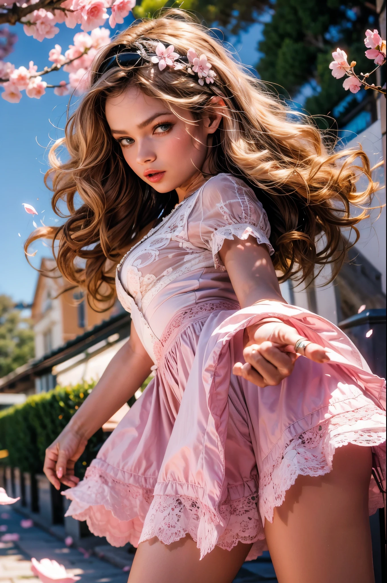 (CG unity 8k wallpaper extremely detailed) (better quality) (better lighting) (an extremely delicate and beautiful) (floating) (beautiful) (spring atmosphere) (1girl) (long pink hair), (hair headband), (detailed and beautiful blue eyes), ((very short white dress, pink lace underside), (lace), ((light transparent silk))), (cherry blossom petals), (butterflies), (dof), (volumetric light) cinematic lighting, chromatic aberration, Sony FE GM, textured skin, high details, highres, 8k, prinzzess