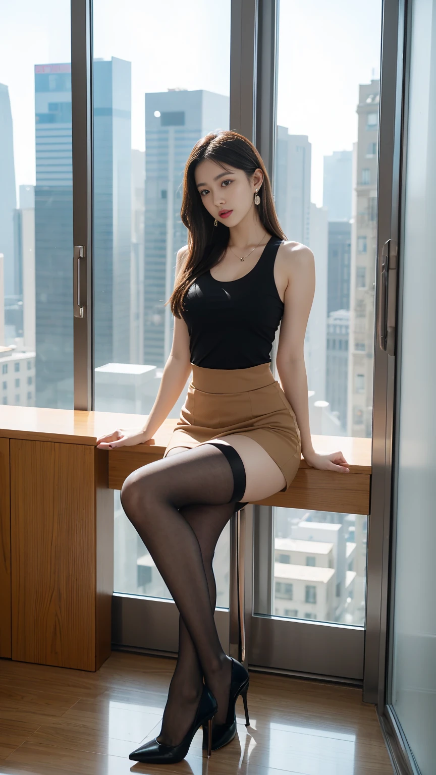 in the office,a young beautiful lady,Wear professional attire,suit,sport tanktop,slit covered skirt。Bigger and wider hips,thin waist,some。Dressed up with jewelry,earrings,watch,High heel,black stockings。Painted with light makeup,beautiful eyeeautiful lips,very beautiful,Very temperamental。sitting at desk,camel toe,Look at the file,With computer and keyboard。Background modern city office buildings,Very modern,There a lot of space,Outside the window the night view of the city,Modern Shanghai city night view。8 p.m,City neon lights flashing。Professional lighting effectovie shot,intricate details,The best resolution,masterpiece。