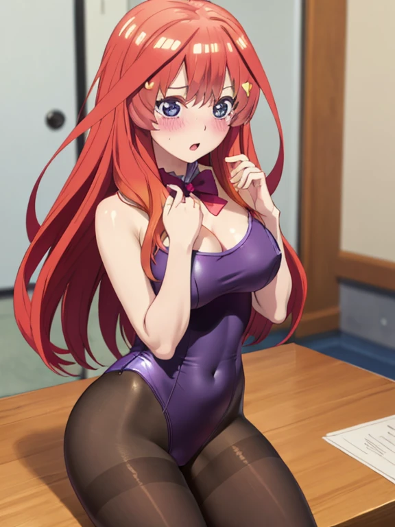 best quality, masterpiece, high quality, insanely detailed, itsuki nakano, breasts, pantyhose, blush,magical girl leotard