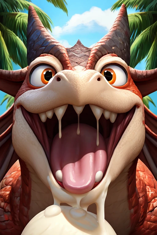 Single mythical wyvern with no teeth, large wide open mouth coconut with milk dripping inside mouth, surprised face with cute eyes facing the camera, photorealistic. Coconut Milk dripping inside mouth.coconut Milk dripping out of mouth. Muscles jaw. Defined wyvern jaw. The wyvern is Bowling to the camera