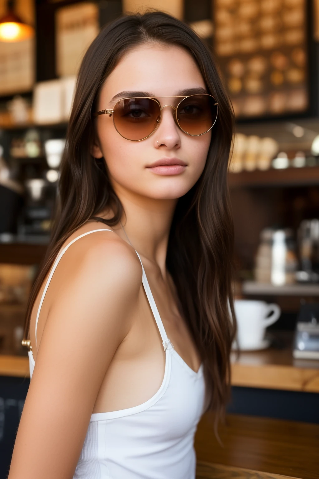 Australian model girl, (16 years old), in the coffee shop, morning, sunglasses, (from front view), relaxed expression, (face and skin details), (masterpiece, best quality, highly detailed, hyper realistic)