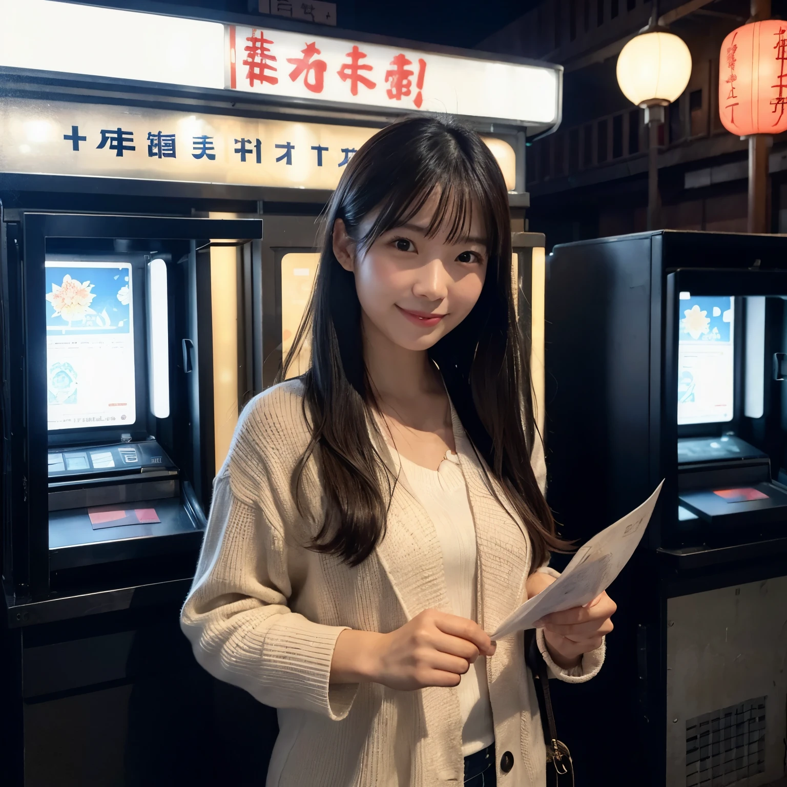Generate a photo of a beautiful Japanese woman who is excited at an off-street ticket booth with a suspicious atmosphere. She is dressed casually and holds her ticket high in her hand. In the background is a dimly lit building with a dingy atmosphere and many dingy-looking uncles. The atmosphere is full of excitement and anticipation. A large number of bills are flying.